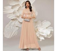 Elegantes Pailletten-Blumen-Spitze Chiffonkleid mit 3/4 Ärmeln und plissiertem Saum für festliche Anlässe