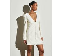 Elegantes Party-Abendkleid im Blazer-Stil mit tiefem V-Ausschnitt, Mini-Länge, langen figurbetonten Ärmeln, Knopfdetail vorne und strukturierten Schul