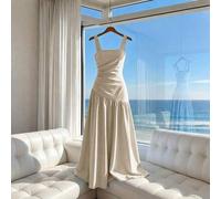 Elegantes Pendelverkehr Urlaub Plissee asymmetrisches Trägerkleid Weißes Seidenkleid Elfenbeinkleid Langes Satinkleid Champagner Brautjungfernkleid El