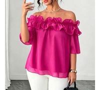 Elegantes Pendler-Damen-Top im Lady-Stil mit Rüschensaum, Kurzarm, Off-Shoulder, aus Chiffon, Große Größen, für Frühling, Sommer, Urlaub und Strand