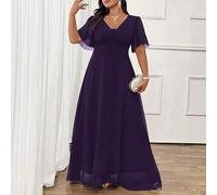 Elegantes Pendler-Lässig-Chiffon-Shirred-Kurzarm-Taillenbindung-Ausgestelltes Maxikleid, vielseitig für Arbeit, PartLässigeit, Schwarz, Große Größen