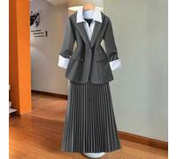 Elegantes Pendler-Lässig-Outfit für Damen in Große Größen, Set aus Blazer-Jacke mit Kontrastfarbsplissee und elastischer Taille plissiertem A-Linien-R