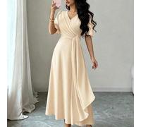 Elegantes plissiertes Midikleid mit kurzen Ärmeln, geraffter Taille und Schärpe, Orange, geeignet für den Berufsalltag und den täglichen Gebrauch, Frü