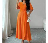 Elegantes plissiertes Midikleid mit kurzen Ärmeln, geraffter Taille und Schärpe, Orange, geeignet für den Arbeitsweg und den Alltag, Frühling/Sommer
