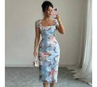Elegantes romantisches Damen Mesh-Kleid mit Blume Muster und Rüschen an der Taille, midi-Länge, geeignet für Hochzeiten, Partys, Dates, Einkaufen und