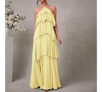 Elegantes romantisches Gast-Hochzeitskleid, einfarbiges Chiffon-Maxikleid mit Halter und Volants