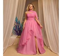Elegantes romantisches Kleid in Rosa für Mollige, aus hochelastischem Mesh und Organza mit Patchwork, hohem Schlitz und Rüschensaum, geeignet für Hoch