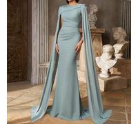 Elegantes romantisches Mode-Abendkleid für Damen aus kastanienbraunem Stretch-Stoff mit Schal-Überwurf, plissierter Dekoration, Meerjungfrau-Saum und