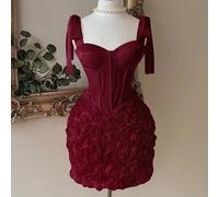 Elegantes, romantisches, sexy weinrotes trägerloses Kleid mit 3D-Blumengewebe, taillierter Taille und körperbetontem Minirock, geeignet für Partys und