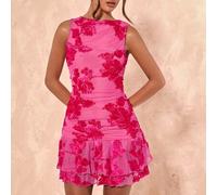 Elegantes, rosafarbenes Minikleid mit Blumenmuster, strukturiertem Strickmuster, doppellagigem Rüschensaum und Sommer-Flair für Damen - perfekt für Pa