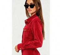 Elegantes rotes Cord-Hemdkleid für Frauen mit langen Ärmeln, Knopfleiste, Midi-Länge mit Taschen, aus Lässig-Webstoff