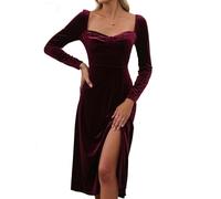 Elegantes Samt-Abendkleid für Damen, langärmelig, eckiger Ausschnitt, A-Linie, Midi, Hochzeitskleid