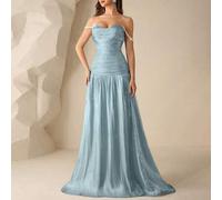Elegantes schimmerndes Tüll, Strass- und Perlendesign, Off-Shoulder, plissiertem Detail und tiefem A-Linien Rock; geeignet für Abschlussbälle, Geburts