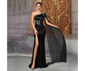 Elegantes schwarzes Satin-Abendkleid mit einem Schulterträger, Pailletten-Verzierung und hohem Schlitz, Damen Abendkleider, Luxus-Abendkleid, Festlich