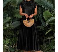 Elegantes schwarzes Satin-Sommerkleid mit Plissee für Damen, lockeres lässiges Kleid mit Flügelärmeln für Urlaub, Ferien, Essen, Geburtstag, Event, Pa