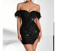 Elegantes, sexy Partykleid mit falschen Federn, trägerloses tiefes Dekolleté mit Off-Shoulder, Schlitz vorne, Pailletten, Hochzeitsgast Kleid