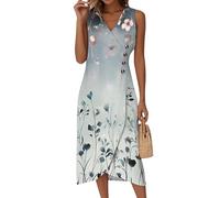Elegantes Sommerkleid Damen,Kleid Abendkleider Elegant Für Hochzeit V-Ausschnitt Ärmellos Midikleid Blumen Strandkleid Partykleid Ärmelloses Casual Midi Wickelkleid Knopf Bequem A-Linie(3-Hellgrau,XL)