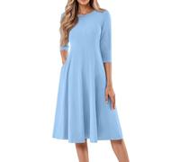 Elegantes Sommerkleid Damen,Kleid Damen Kurzarm Sommer Abendkleider Elegant Für Hochzeit Sommer Freizeitkleid Wickelkleid Rundhals 3/4 Ärmel Midikleid A-Linie Kleider Mit Tasche(2-Hellblau,M)