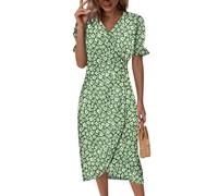Elegantes Sommerkleid Damen, Kleid Damen Kurzarm Sommer Rockabilly Kleider Blumendruck V-Ausschnitt Wickelkleid Partykleid Elegant A Linie Sommer Strandkleid Leicht Luftig Freizeitkleider (Grün, M)