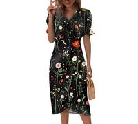 Elegantes Sommerkleid Damen,Kleid Leinenkleid Damen Kurzarm V-Ausschnitt Wickelkleid Midikleid Vintage Blumen Leichtes Strandkleid Sommerkleider Knopf Klassische Partykleid Abendkleid(2-Schwarz,XL)