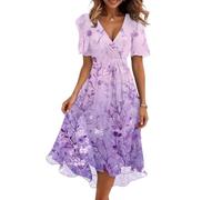Elegantes Sommerkleid Damen mit V-Ausschnitt und elastischer Taille Figurbetontes Blumenprint Midikleid für Alltag Büro und Wochenende Bequemes Freizeitkleid Purple L