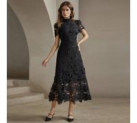 Elegantes, tailliertes, wasserlösliches Spitzenkleid mit kurzen Ärmeln und taillenbetonter Taille, knielanges Maxikleid für Damen