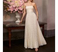 ELEGANTES TRÄGERLOSES MAXIKLEID FÜR DAMEN | MIT STRASS VERZIERTER AUSSCHNITT, PLISSIERTES KLEID AUS ZARTER SPITZE, KÖRPERBETONTER SCHNITT FÜR SILVESTE