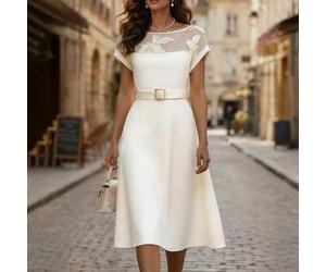 Elegantes transparentes besticktes Kleid für Damen, Rundhalsausschnitt Patchwork transparentes 3D-Blumennetz, goldene Blumenstickerei auf den Schulter