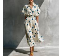 Elegantes und lässiges Damen-Urlaubs- und Ferienkleid in Weiß mit blauen Punkten, Midi-Kleid mit Hemdkragen, elegantem Fledermausärmel, Taillengürtel