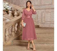 Elegantes V-Ausschnitt Kleid mit Pailletten, Blumen-Spitze, Raffungen und 3/4 Ärmel für Abendpartys