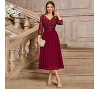 Elegantes V-Ausschnitt Pailetten Blumen Spitze Raffung Chiffon 3/4 Ärmel Abend Party Langes Kleid