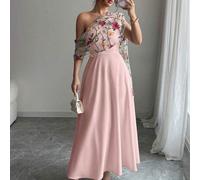 Elegantes, vielseitig einsetzbares Mode-Maxikleid für Damen mit asymmetrischem Ausschnitt, transparentem Mesh und besticktem weitem Saum, für Frühling