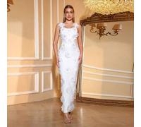 Elegantes weißes Damen-Spaghettiträger-Kleid, romantisches handgefertigtes Blumen-verziertes glänzendes weißes Luxus-Abendkleid für Ramadan, Cocktailp