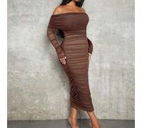 Elegantes weißes langärmliges Off-Shoulder plissiertes Mesh-Bodycon-Kleid für Frühling und Sommer