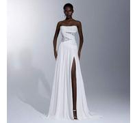 Elegantes weißes Luxus-Chiffonkleid mit 3D-Pailletten-Stickerei, Bandeau-Ausschnitt, Meerjungfrauensilhouette, Taillenverdrehung und hohem Schlitz, ge