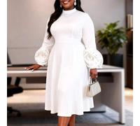 Elegantes weißes Mittellang-Kleid für Mollige Damen, Hoher Kragen Langarm, A-Linien Rock mit 3D Blumen, geeignet für Hochzeitsgäste, festliche Anlässe