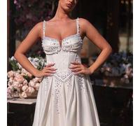 Elegantes weißes Satinkleid mit trägerlosem Luxus-Perlenbesatz, Meerjungfrauensaum und verstellbarer Schnürung, geeignet für Hochzeit, Abschlussfeier,