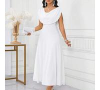Elegantes weißes Sommer-Abendkleid in Große Größen für formelle Abendessen und Partys, einfarbig, mit Swing-Schnitt, Cowl-Neck, A-Linie, Midi-Länge, d