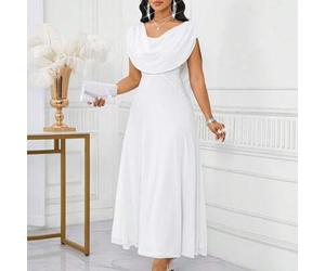 Elegantes weißes Sommer-Abendkleid in Große Größen für formelle Abendessen und Partys, einfarbig, mit Swing-Schnitt, Cowl-Neck, A-Linie, Midi-Länge, d