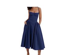 Elegantslim Backless Sling Kleid Frauen Solide Mode Hosenträger Sommerkleider weibliche Party Abend Roben, Dunkelblau, M
