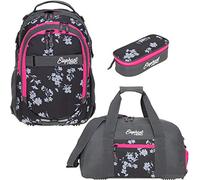 Elephant 3 Teile Set Schulrucksack Hero Signature Rucksack + Sporttasche + Mäppchen 12609 (Grey Flower (Grau/Pink Zip))