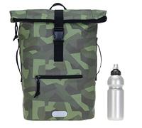 Elephant Rucksack Time Bag A4 Plane 12824 Cyber Camo Oliv +Flasche | Damen Herren Kurierrucksack Roll-Top Fahrradrucksack Sport Fitness 23 Liter Freizeit Brustgurt Fahrrad Kurier Laptopfach