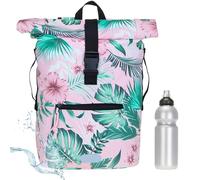 Elephant Rucksack Time Bag Damen A4 Plane 12818 Rosa Flower 4 + Flasche | Mädchen Kurierrucksack Roll-Top Fahrradrucksack Sport Fitness 23 Liter Freizeit Brustgurt Fahrrad Kurier Laptopfach