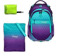 Elephant Schulrucksack Jungen Mädchen ab 3. Klasse Schule Tasche Brustgurt Schultasche Rucksack mit Sportbeutel Attach Bag und Regenhülle Premium 3 Teile Set Auswahl rtp (Violett Cube 12810)