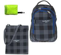 Elephant Schulrucksack Jungen Mädchen ab 3. Klasse Schule Tasche Brustgurt Schultasche Rucksack mit Sportbeutel Attach Bag und Regenhülle Premium 3 Teile Set Auswahl rtp (Plaid Schwarz Blau 12609)
