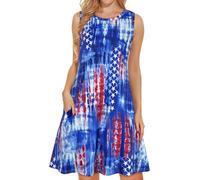 elescat Damen-Sommerkleider 2024, Strand, lässig, ärmellos, Blumendruck, Tanktop, lockeres Sommerkleid mit Tasche, Blaue Flagge, Mittel