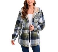Elesuit Damen Fleece Flanell Jacke Plaid Sherpa Gefüttert Jacke Langarm Knopfleiste Kapuzenjacken für Frauen, Hellgrün, L