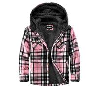 Elesuit Damen Fleece Flanell Jacke Plaid Sherpa Gefüttert Jacke Langarm Knopfleiste Kapuzenjacken für Frauen, Schwarz/Rosa, L