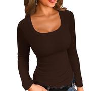 ELFIN Damen Langarmshirt Gerippt Slim Fit Basic T-Shirt Langarm Oberteile Elegant Rundhals Stretch Pullover Casual Bluse Tops Ribbed Hemd Tee Shirts Einfarbig (XL, Dunkelkaffee)