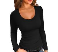 ELFIN Damen Langarmshirt Gerippt Slim Fit Basic T-Shirt Langarm Oberteile Elegant Rundhals Stretch Pullover Casual Bluse Tops Ribbed Tee Shirts (S, Schwarz)